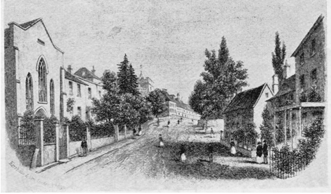 The High Street and the then Congregational church in the 1860s from an engraving